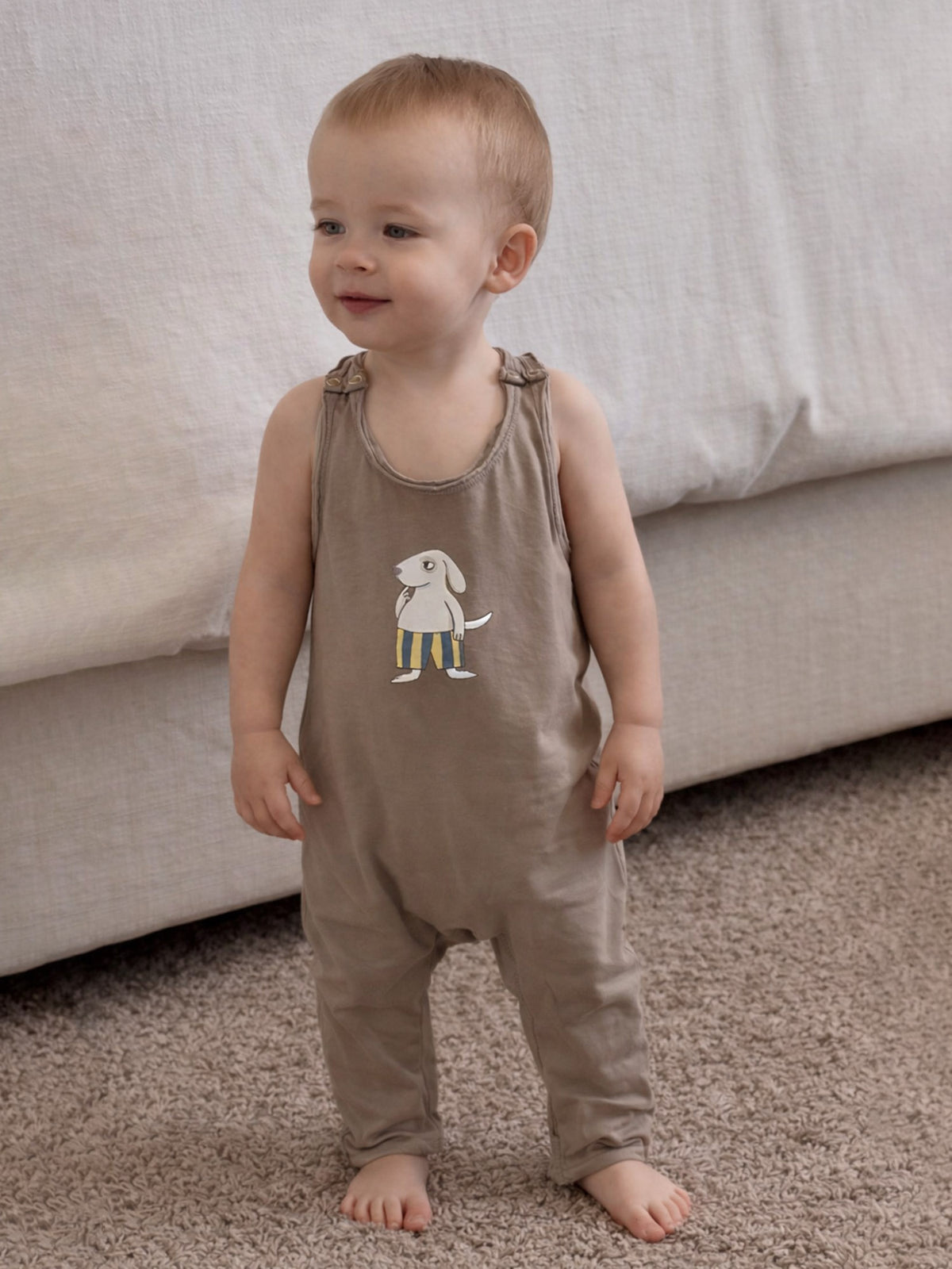 Kids' taupe tank romper with dog graphic, sleeveless crew neck