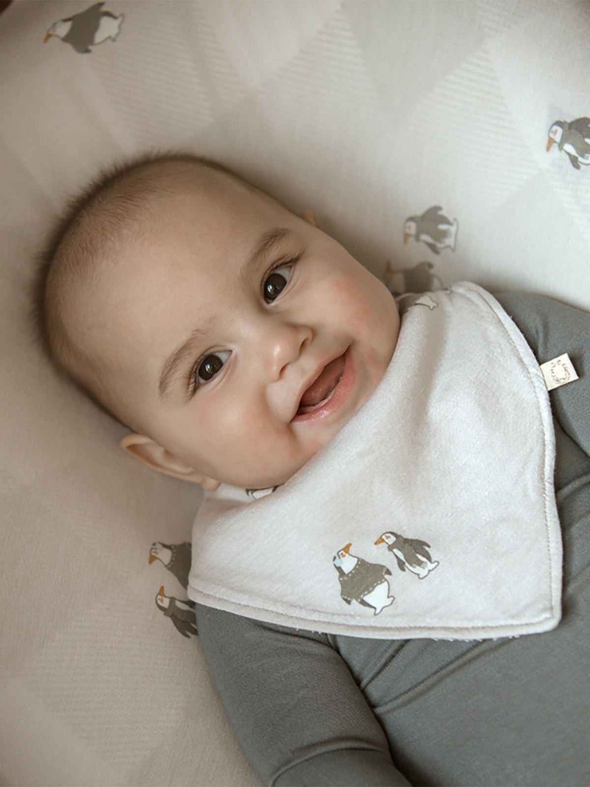 Changing pad cover with gray penguin icons on light background