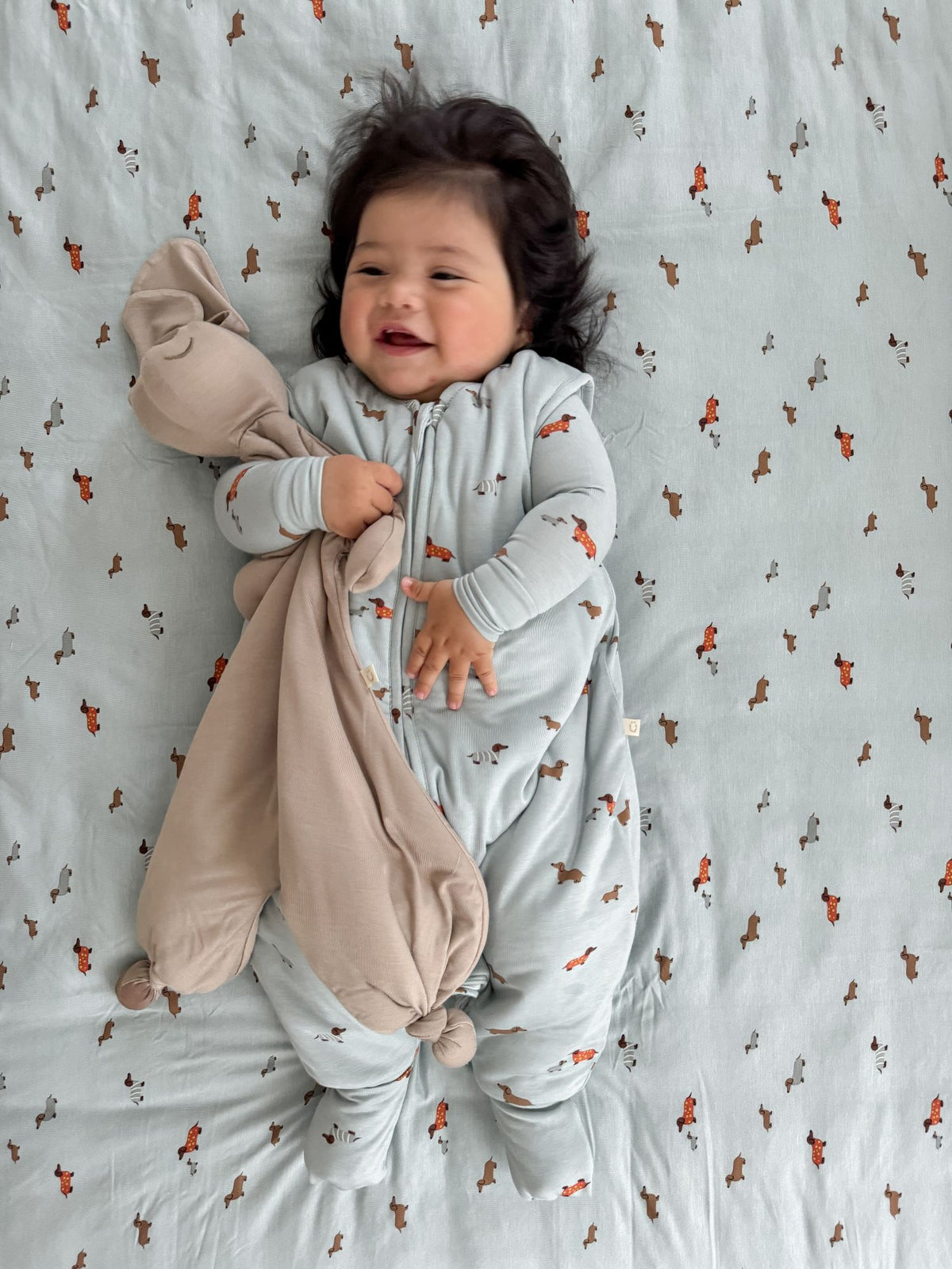 Light blue footie sleep sack with dog print and front zipper, worn by toddler
