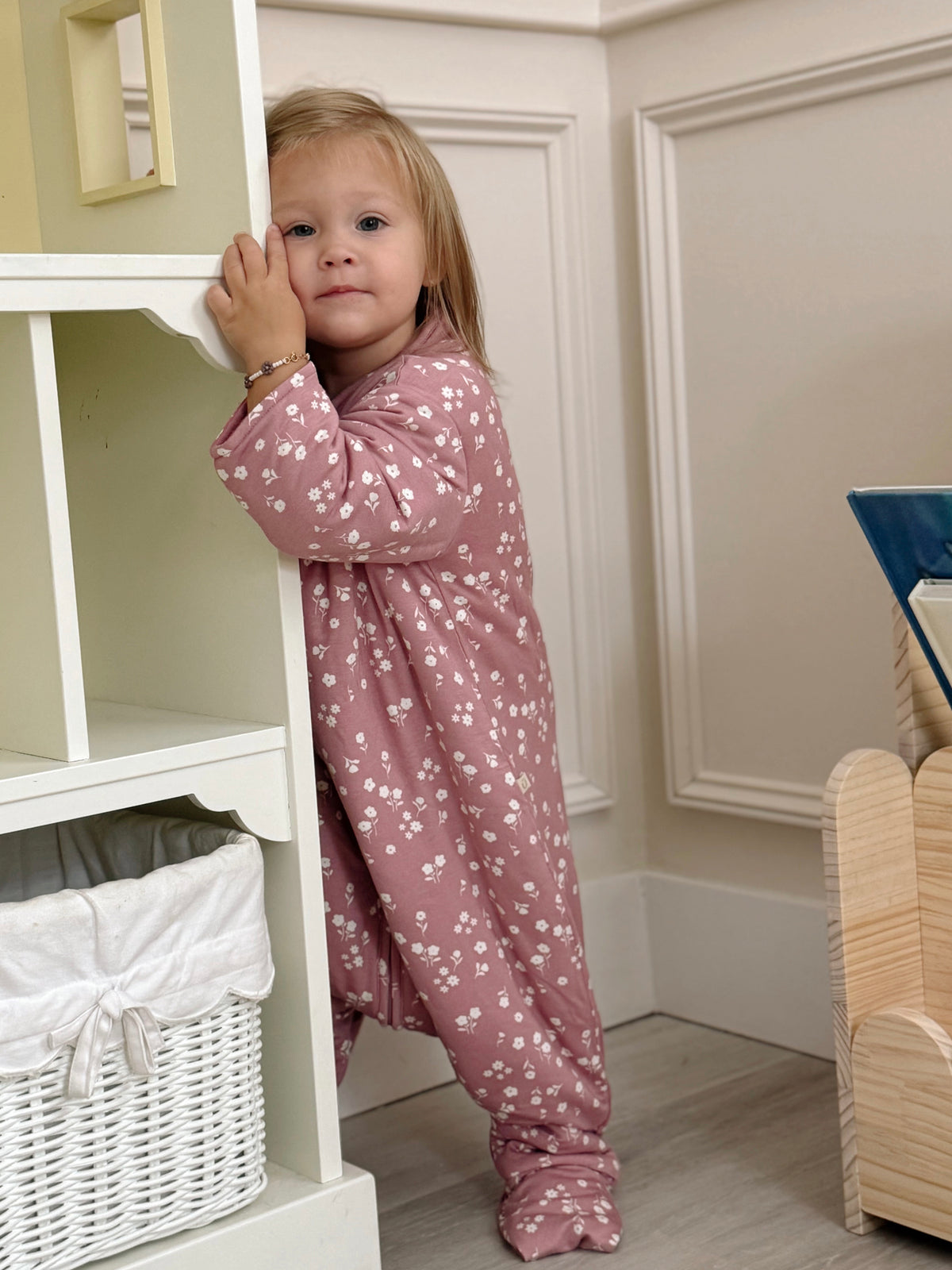 Long-sleeve footie sleep sack, dusty pink with small white floral pattern