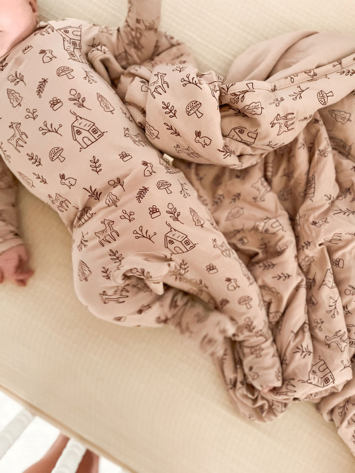 Beige convertible pajama fabric with farm print, ruched cuffs and open wrap area