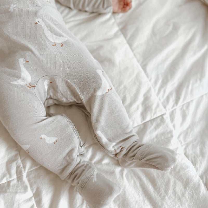 Goose-print convertible pajama leg with foldover cuff detail, light gray