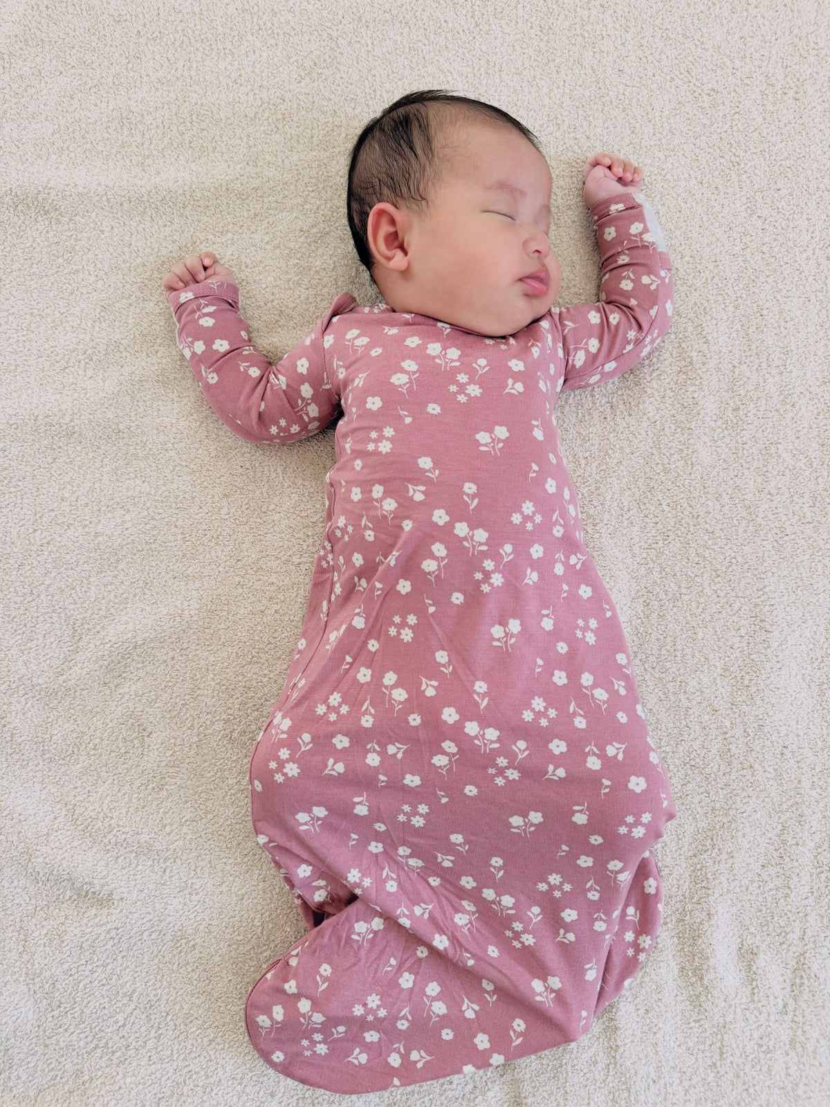 Pink mini floral long-sleeve baby gown with gathered skirt