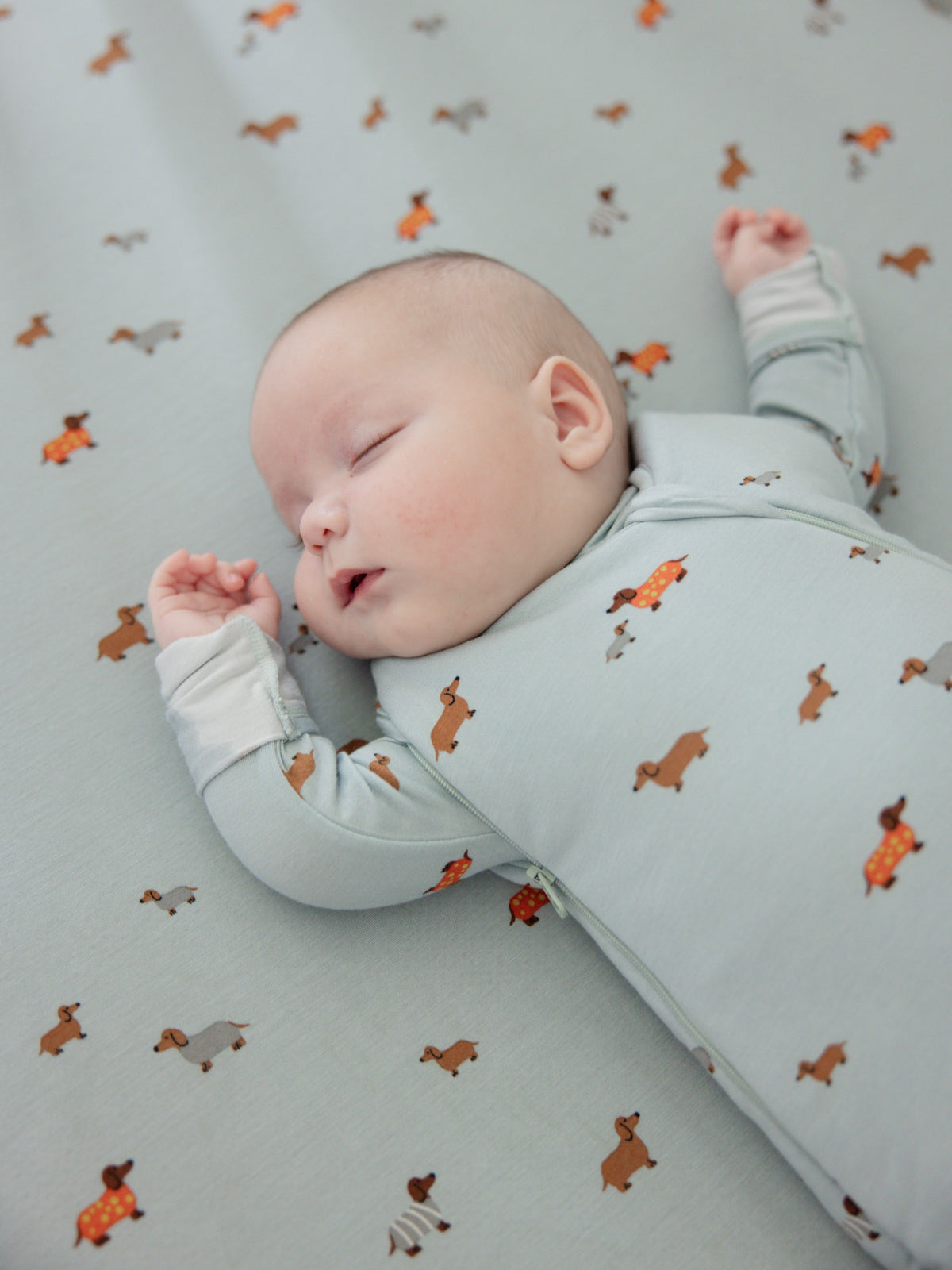 2.5 TOG light blue sleep sack with dachshund print, side view, arms out