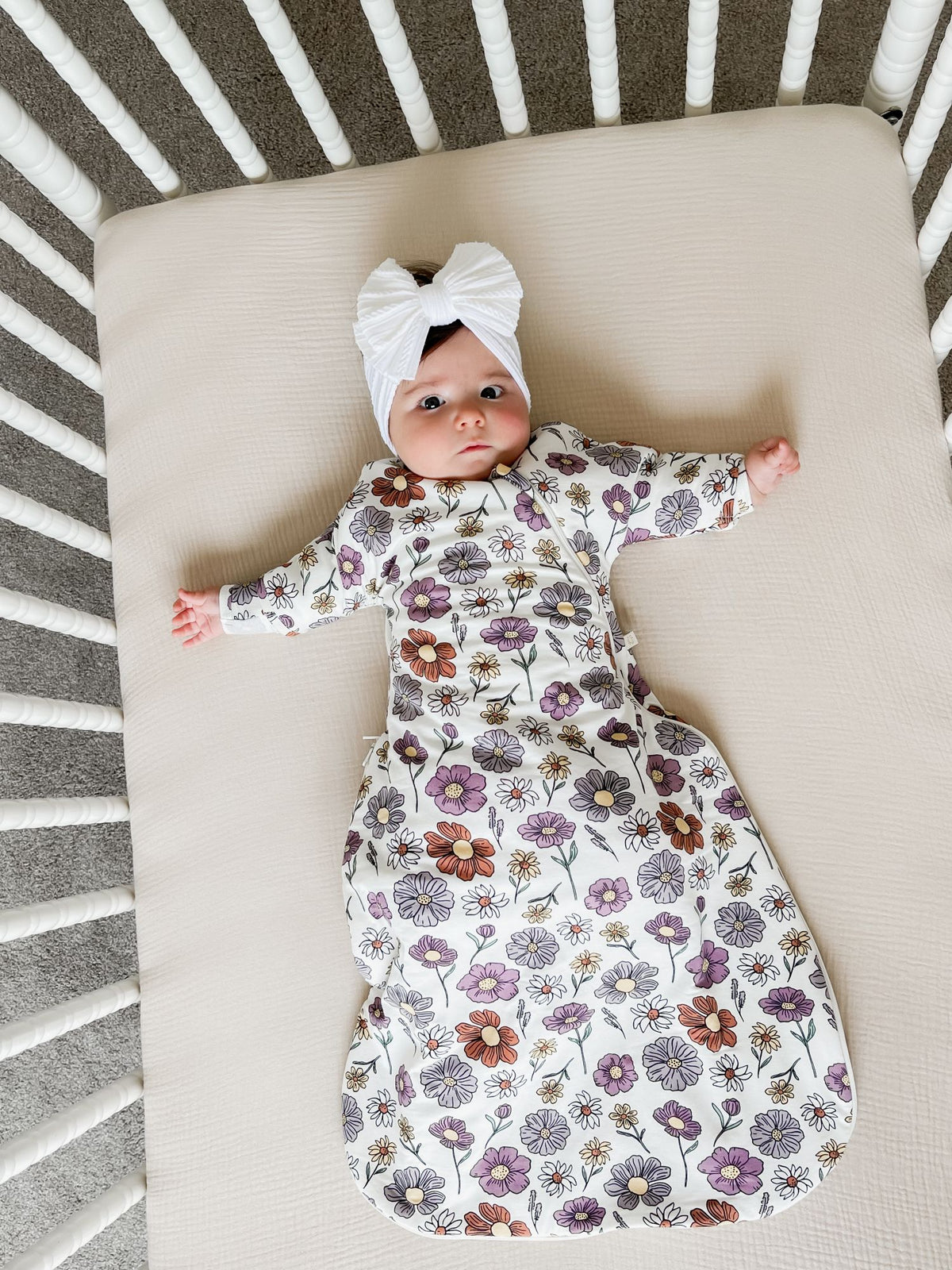 Floral long sleeve swaddle sack with bow head cover and full-length cocoon fit