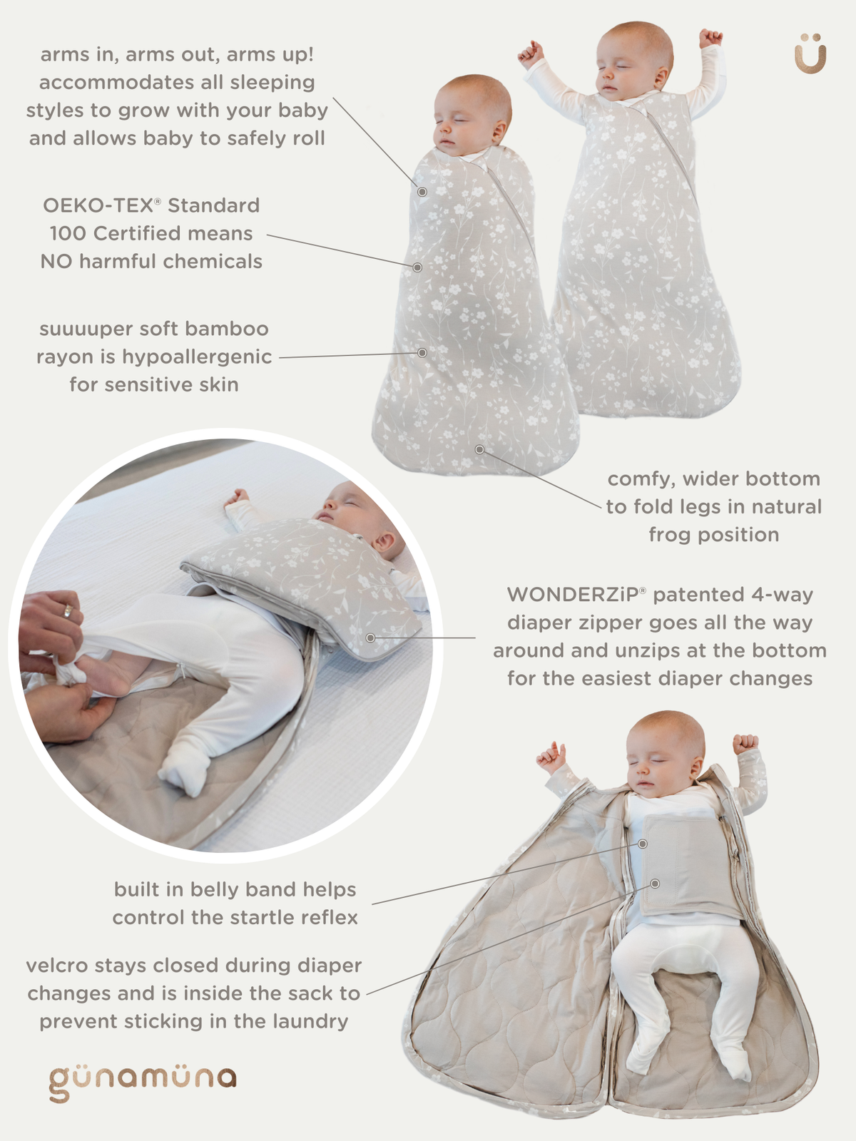 Light gray swaddle sleep sack with white goose print showing diaper-change opening; 2.5 TOG
