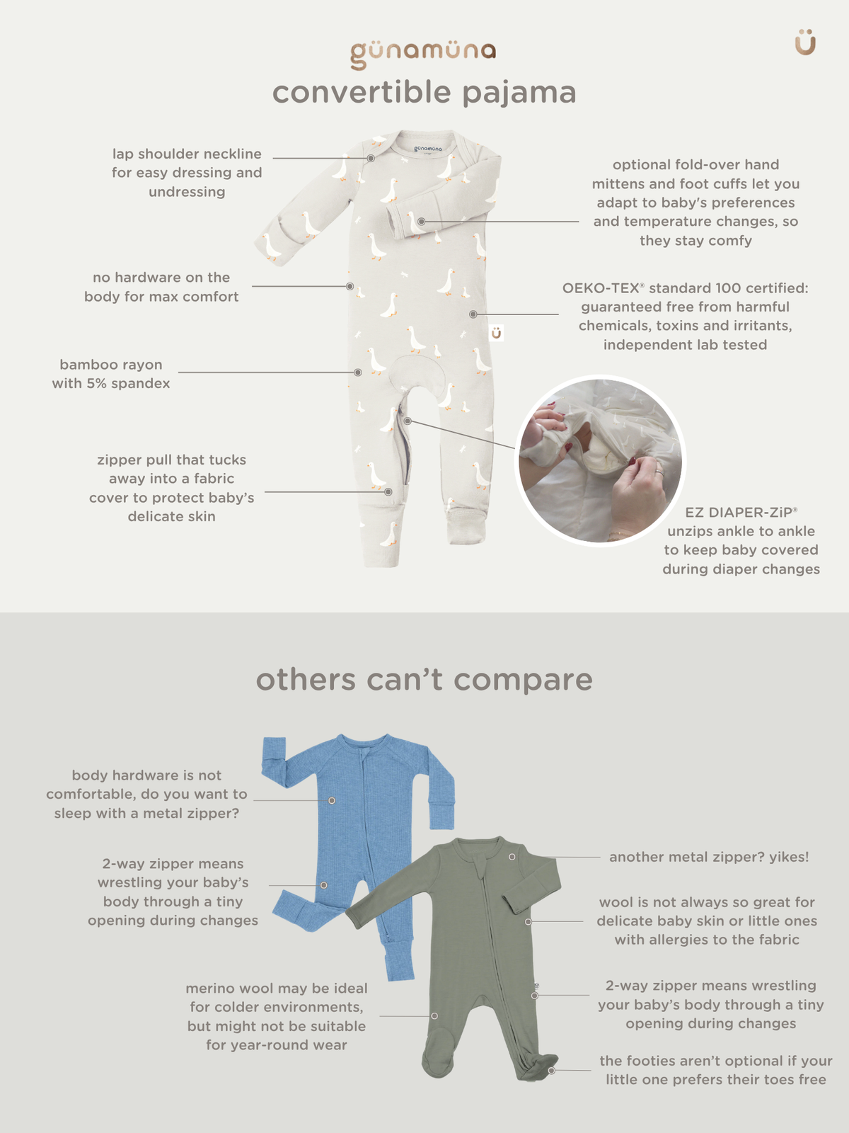 Convertible pajama set with giraffe-print long-sleeve romper shown in flat layout