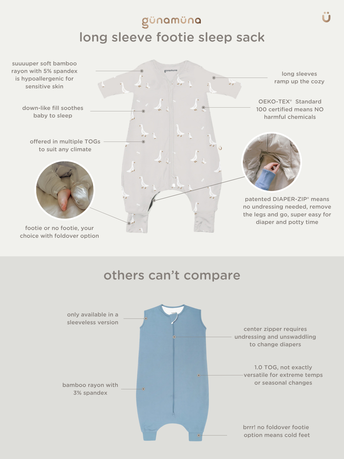 Long sleeve footie sleep sack in white with printed animal icons, all-in-one suit