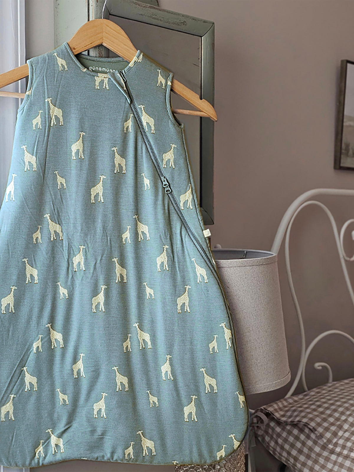 Baby sleep sack, dusty blue with giraffe pattern, long sleeves, front zip, 2.5 TOG