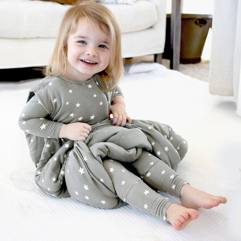 1.0 TOG sleep sack in sage gray with white stars, long sleeves and feet