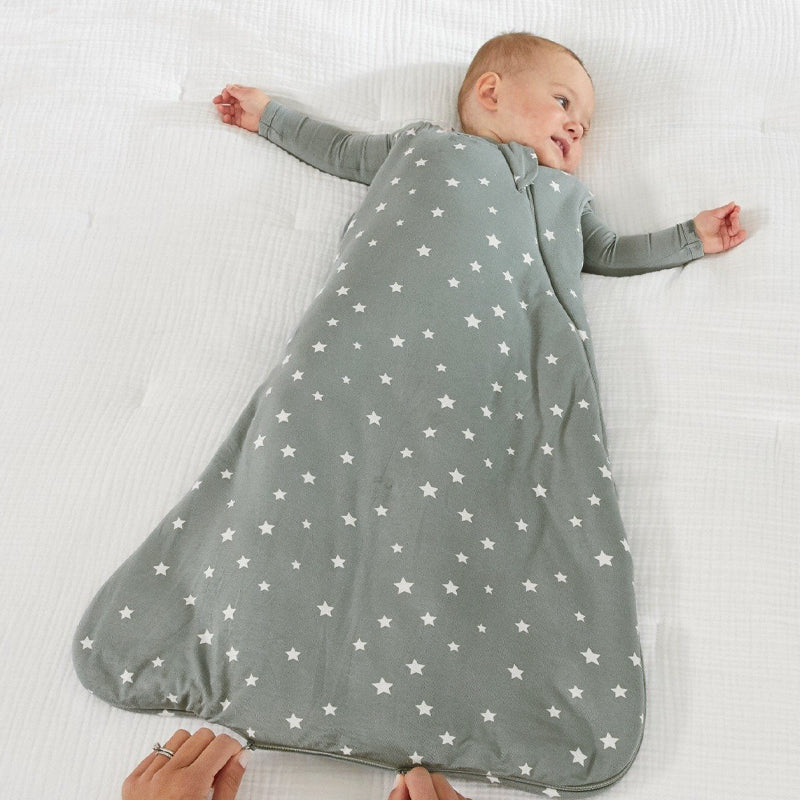 1.0 TOG sleep sack in sage gray with white star pattern, long sleeves