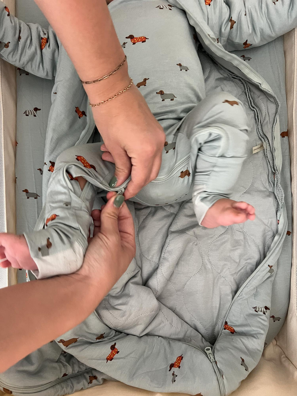 Light blue sleep sack with dachshund print and front zipper, long sleeves
