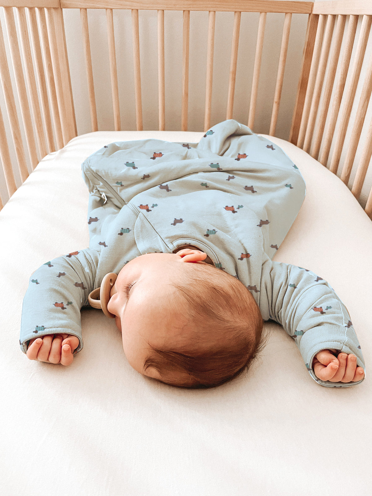 Light blue long-sleeve baby sleep sack with dachshund print