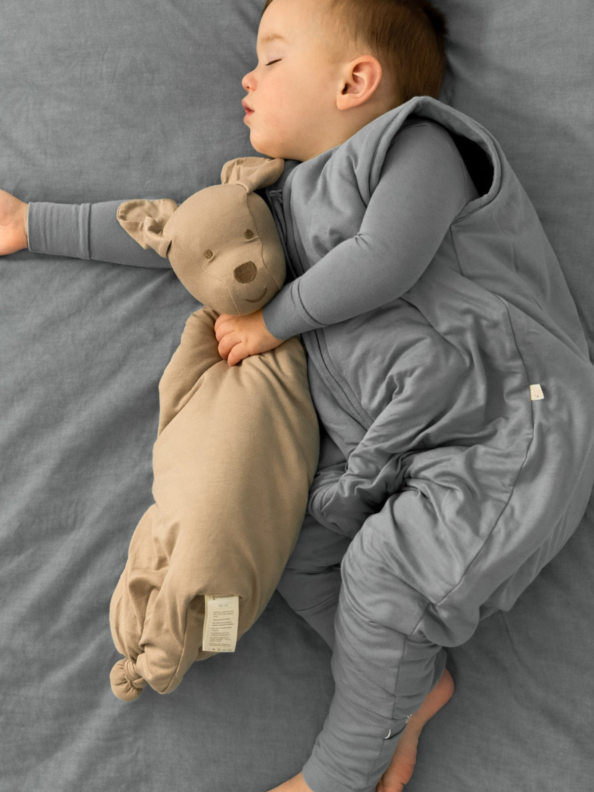 Baby footie sleep sack, gray, long sleeves, front zipper, enclosed footed legs