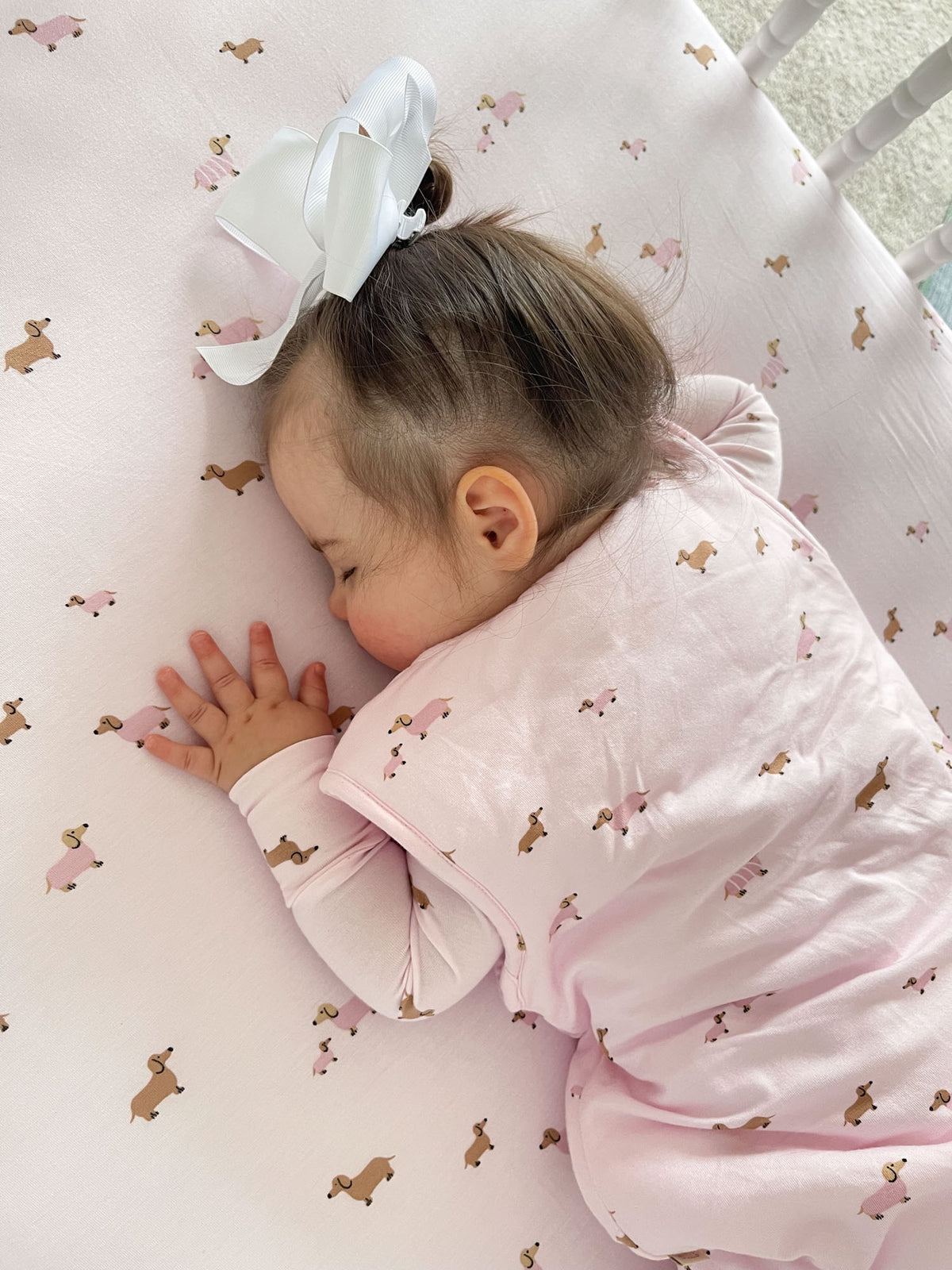Pink dog-print footie sleep sack with full-length zipper and long sleeves