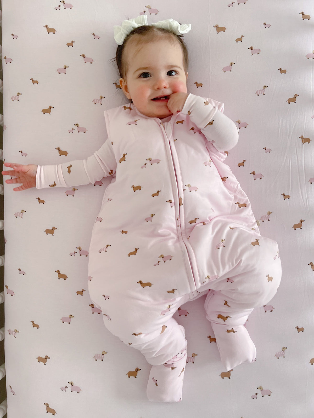 Pink dog-print footie sleep sack for baby girl with zip front and hood