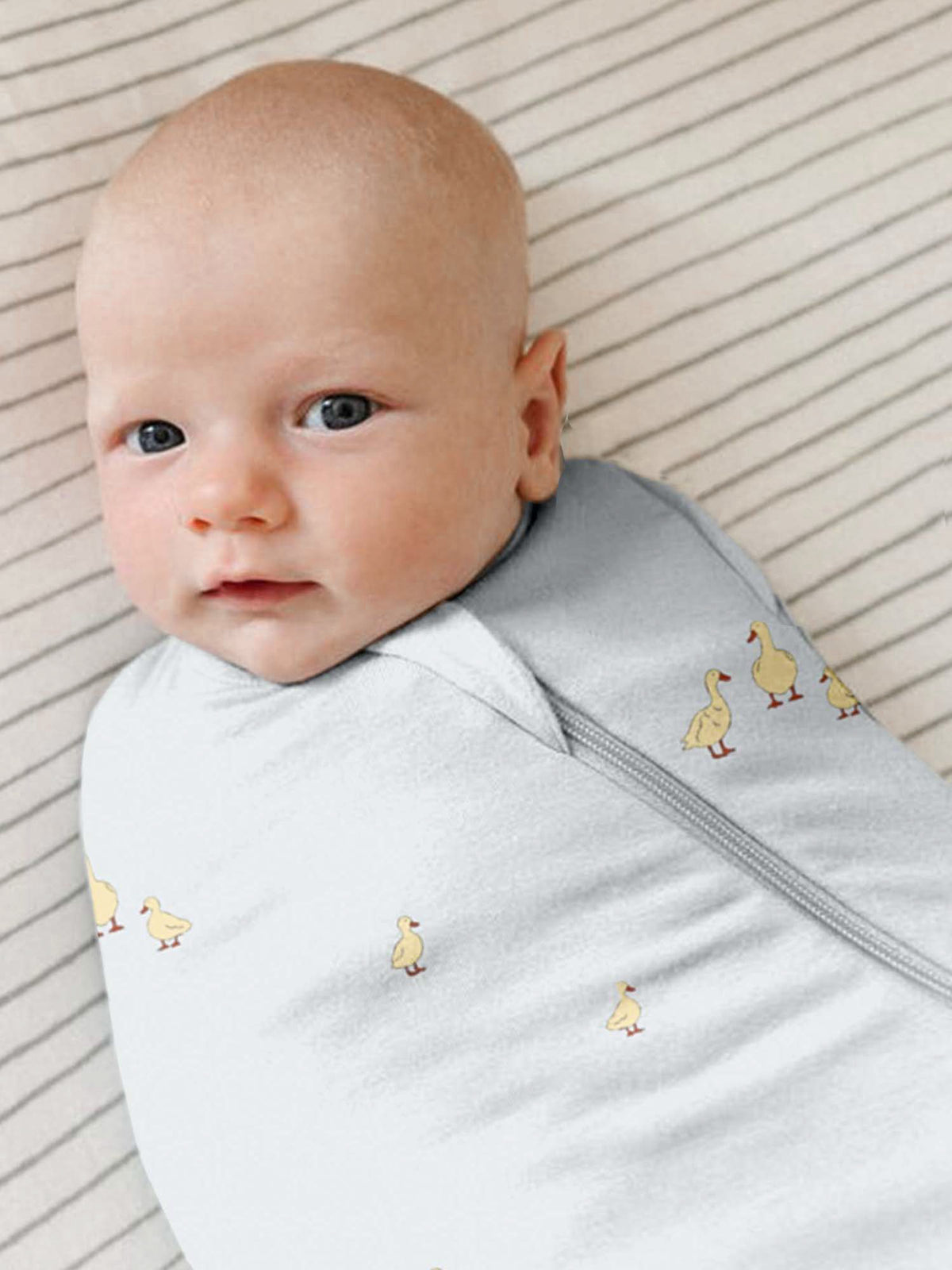 Swaddle sleep sack with zip-front and duck print, light gray for infants