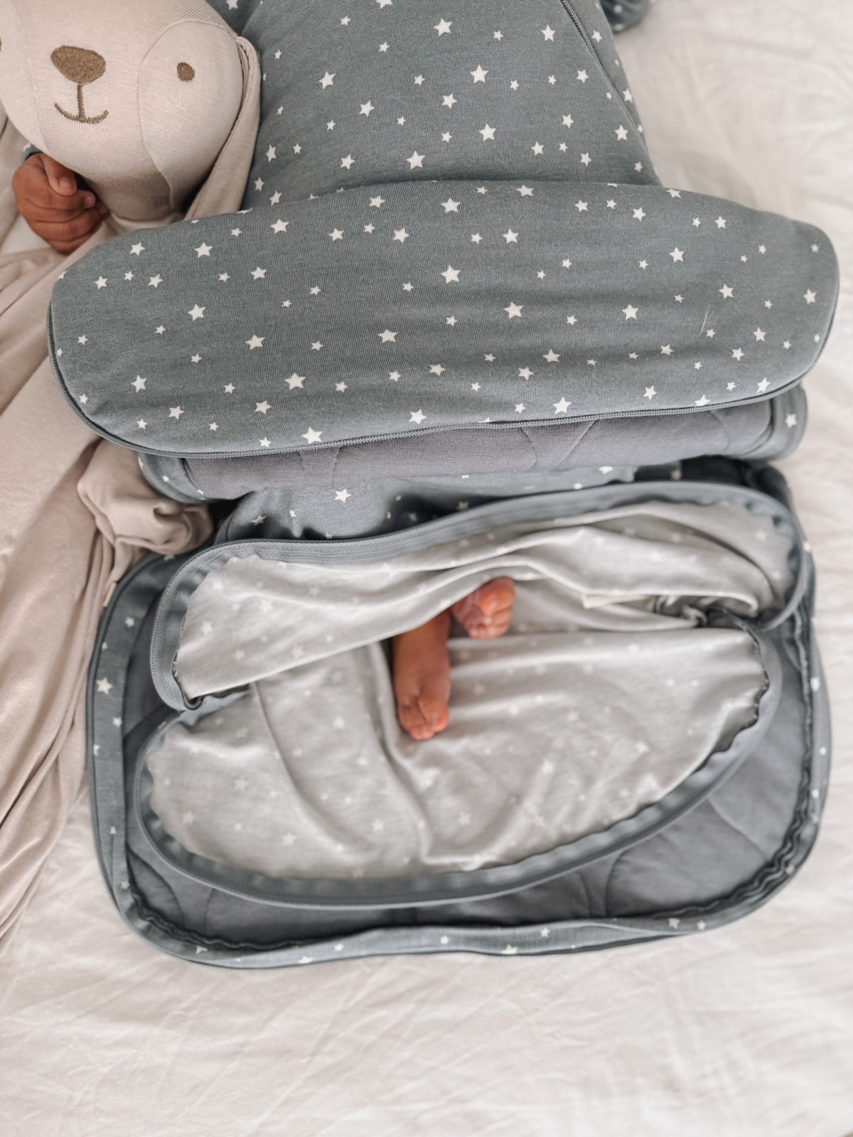 2.5 TOG swaddle sleep sack, gray star outer with light interior lining