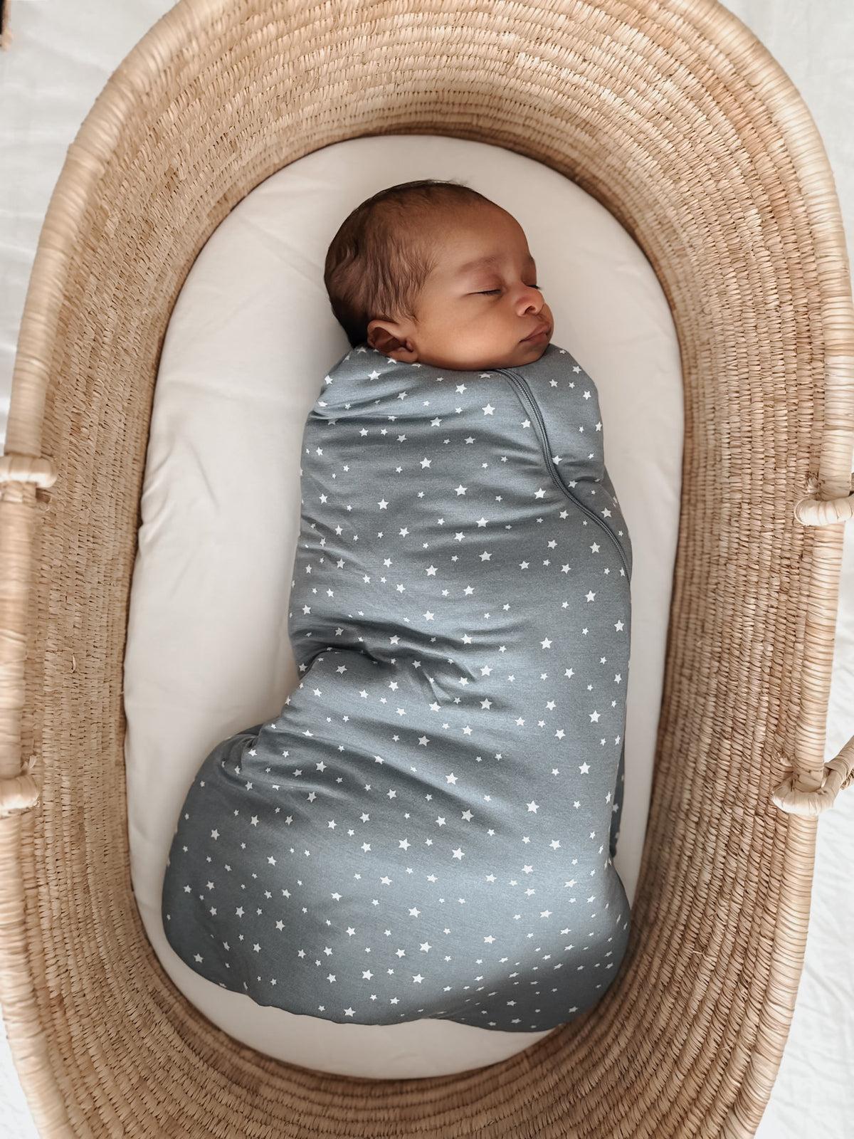 2.5 TOG swaddle sleep sack, gray with white star pattern and secure wrap