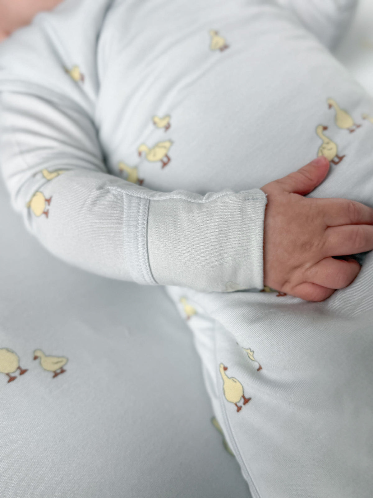 Transitional swaddle sleep sack, duck print, long sleeves with stitched cuff