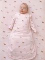 Light pink dog-print transitional sleep sack with front zipper, long sleeves