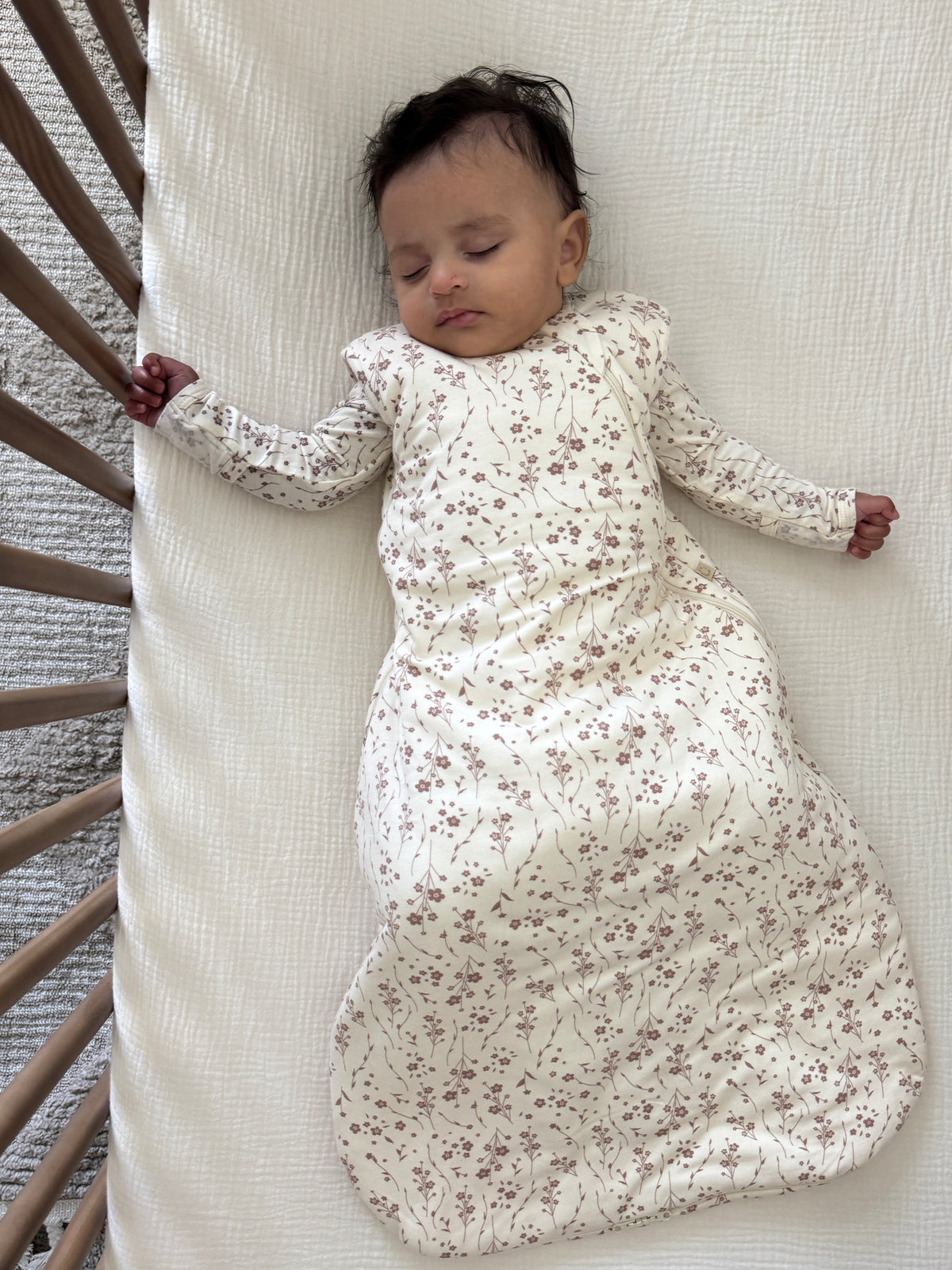 2.5 TOG transitional swaddle sleep sack, floral print, full wrap with swaddled legs
