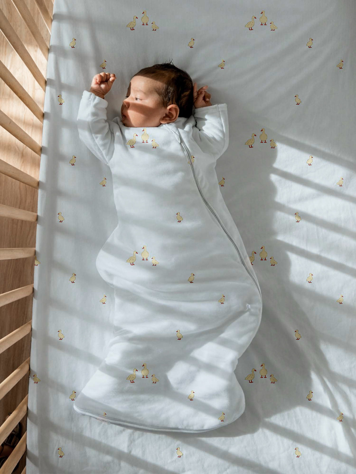 Light blue long-sleeve swaddle sack with character print, wrapped baby inside.