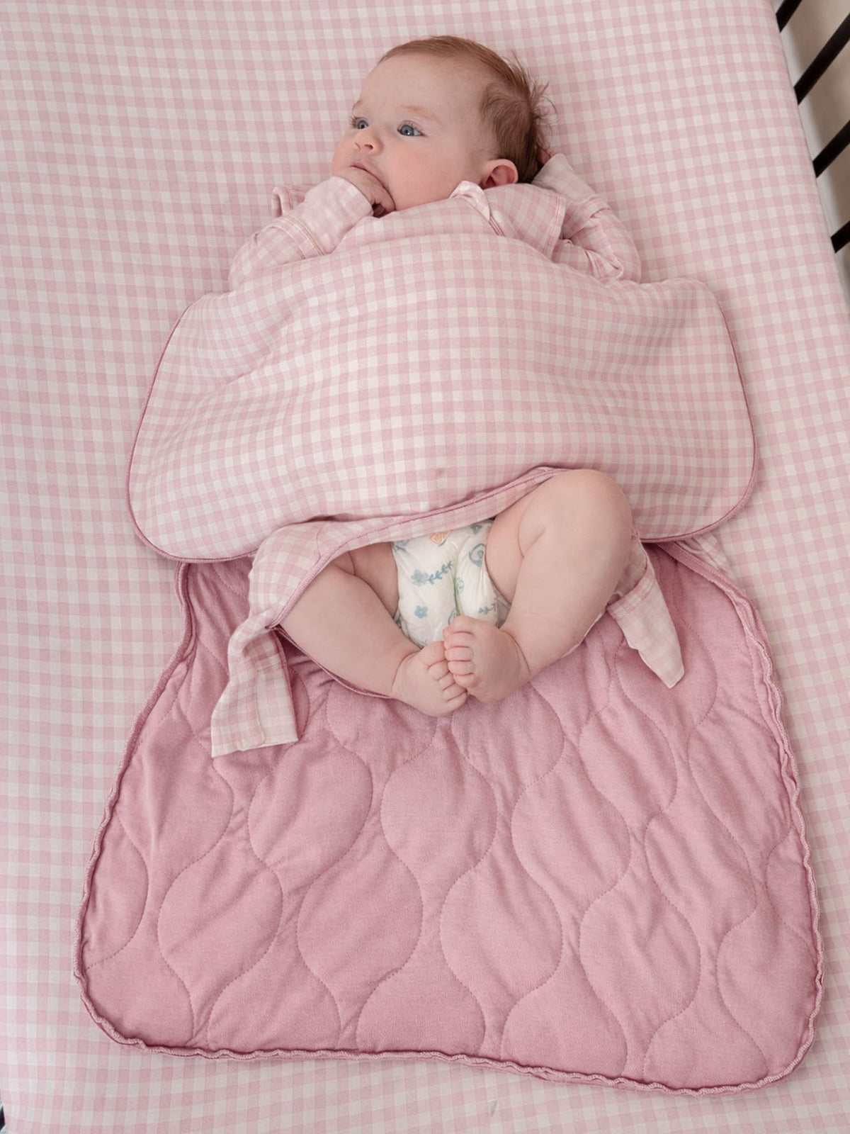 Pink gingham sleep sack with quilted fabric and front zipper, 1.0 TOG