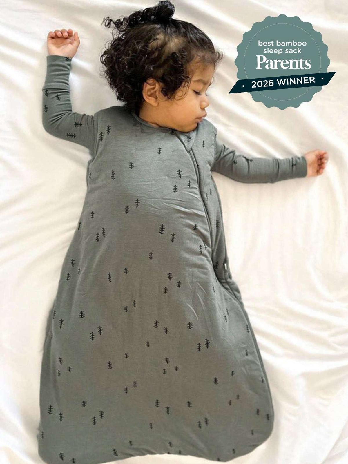 Gray long-sleeve sleep sack with repeating tree print, 1.0 tog