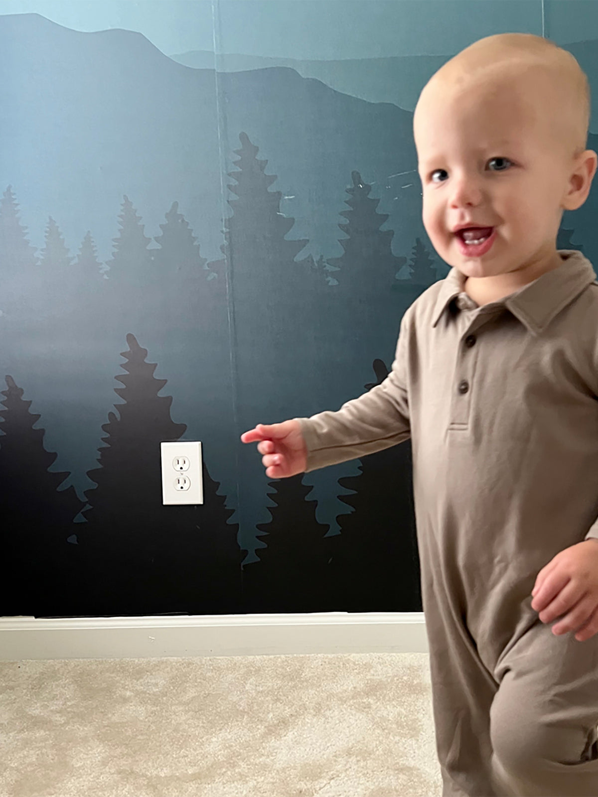 Taupe fleece collared jumpsuit with button polo placket and long pant legs