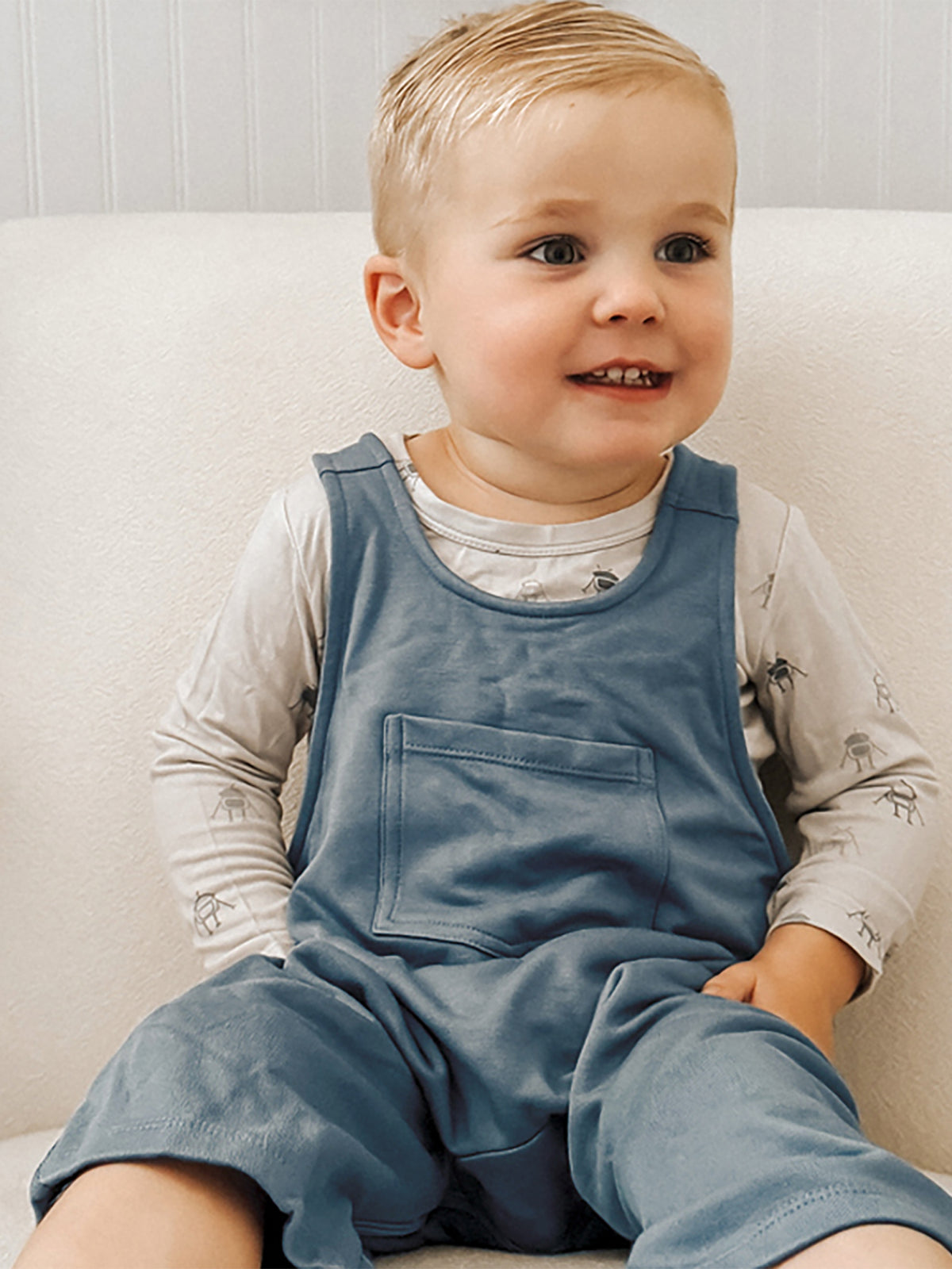 Teal fleece baby overall set with front pocket and bib neckline