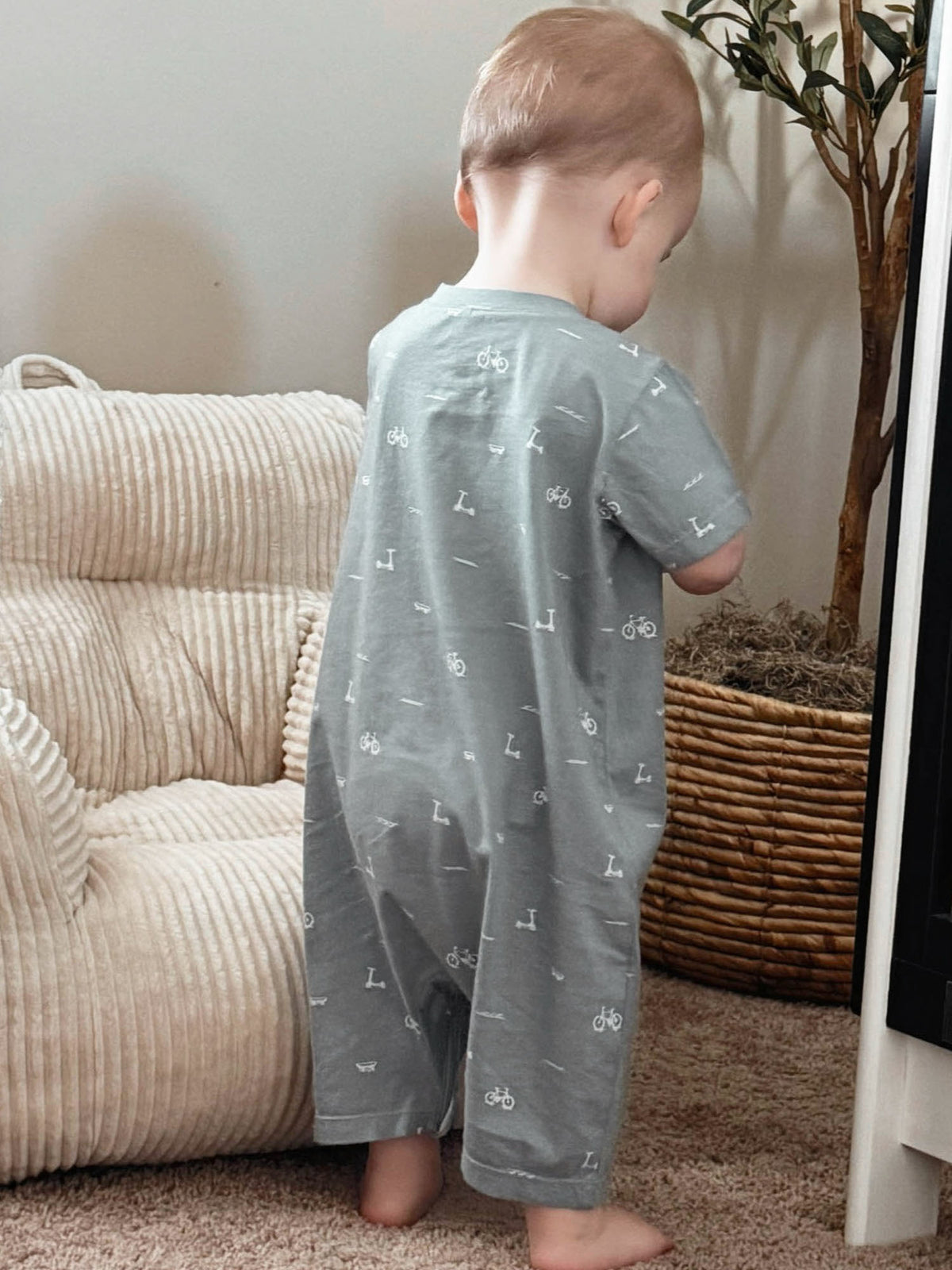 Gray-blue cotton shortie romper with allover dash pattern, short sleeves and shorts