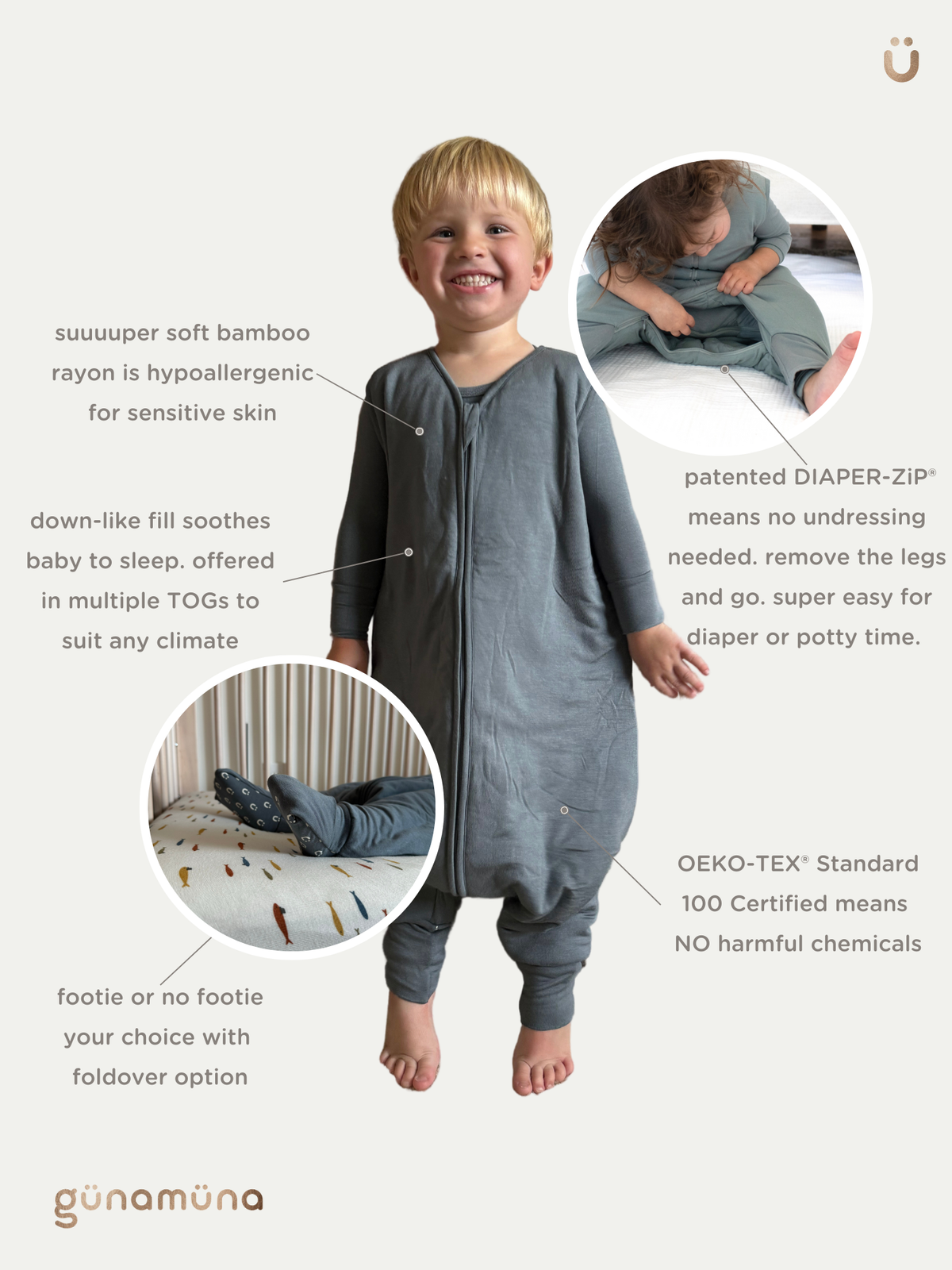 Footie sleep sack in gray bamboo fabric with long sleeves and foot openings
