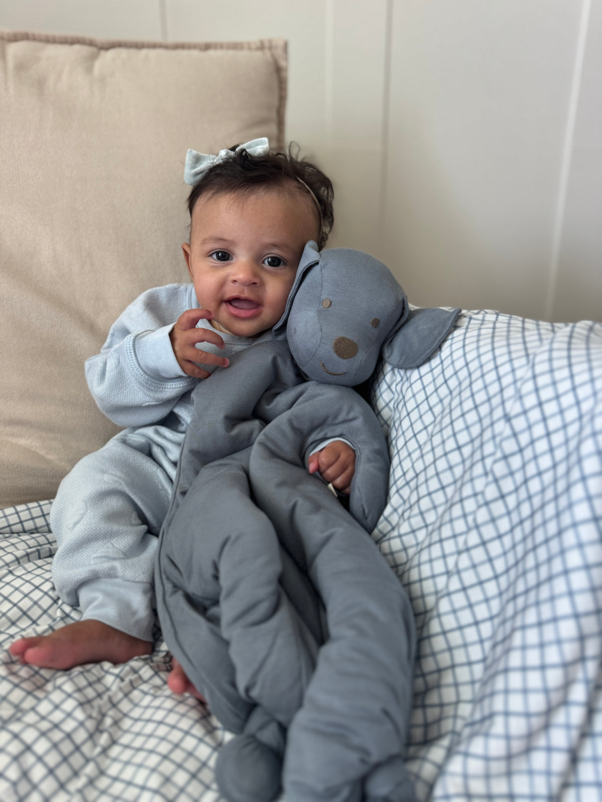 Light blue-gray baby jumpsuit with animal hood, long sleeves, and closed feet