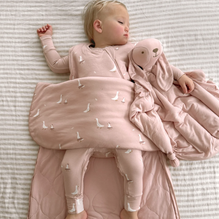 Baby lying on a pink sleeping bag with a plush toy, surrounded by pink blankets on a striped background