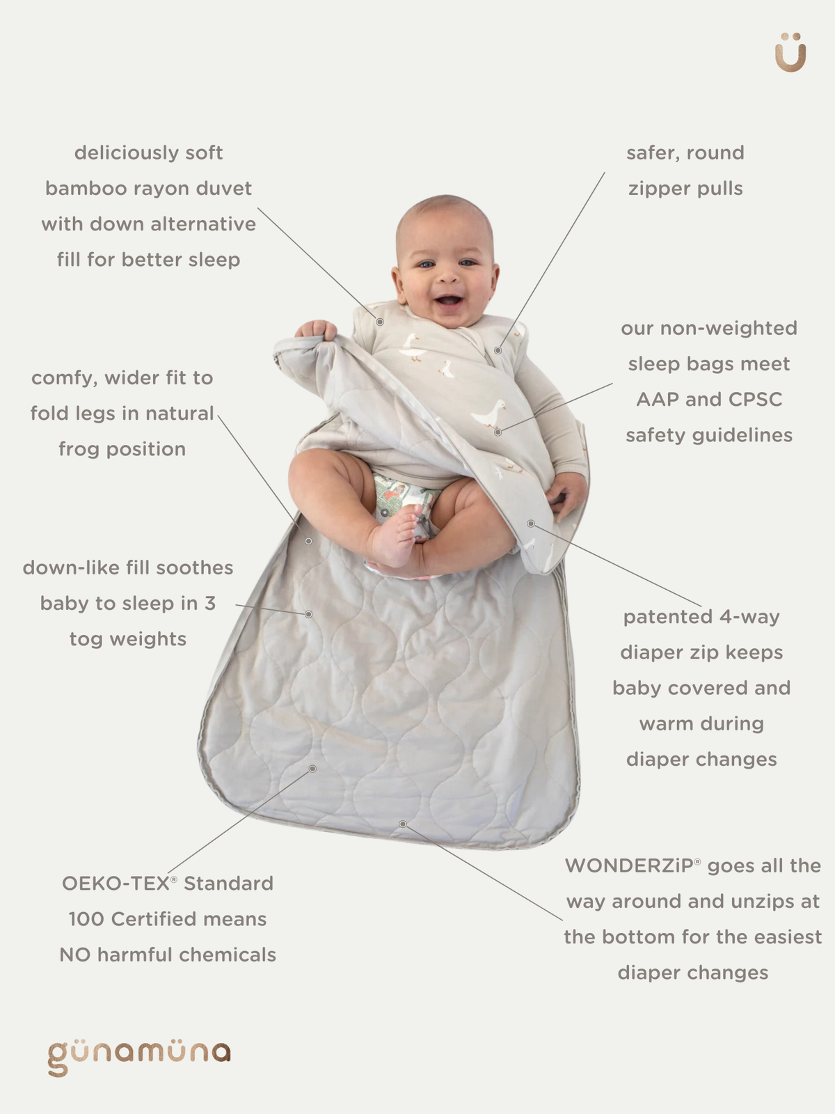 Baby 0.5 TOG sleep sack, light gray quilted design with front zipper