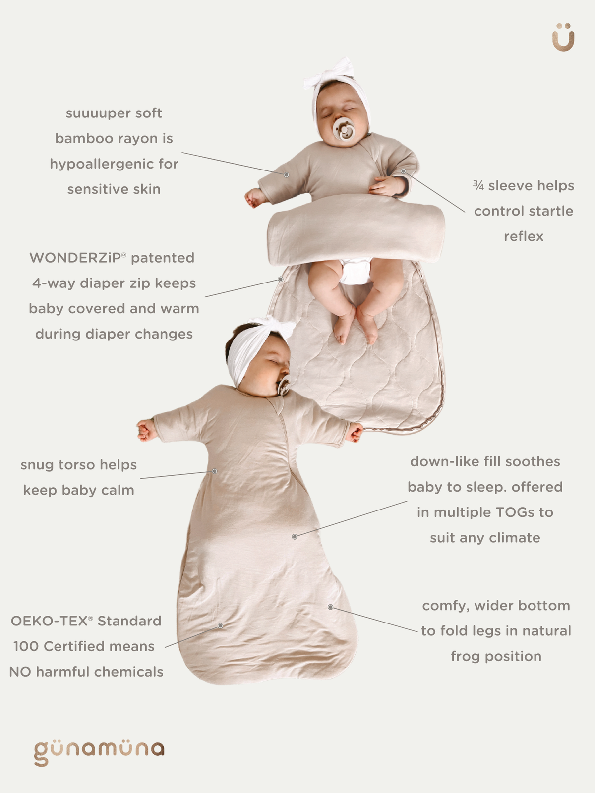 Light beige 1.0 TOG long-sleeve swaddle sack with folded swaddle wings