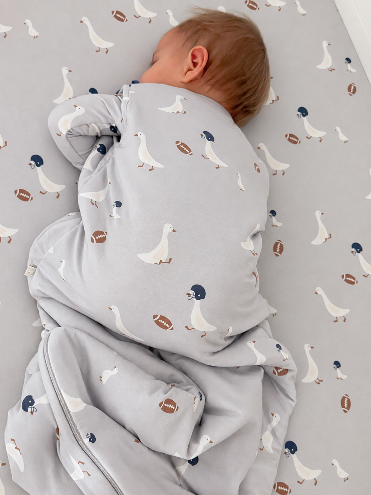 2.5 TOG sleep sack, light gray with football goose print, full front zip