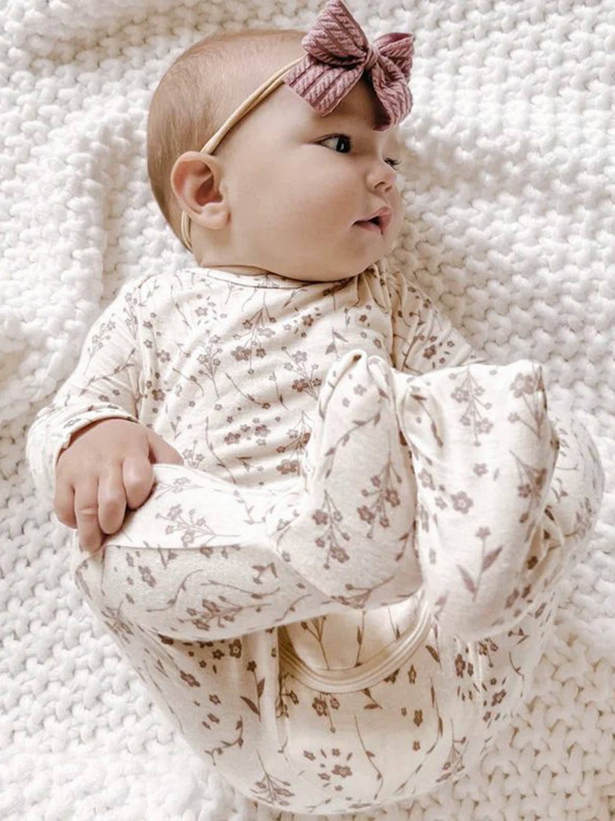 Posie convertible baby pajamas, light beige floral print, long sleeve and footed