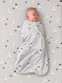 Swaddle sleep sack with football print, 2.5 TOG, light gray wrap around baby