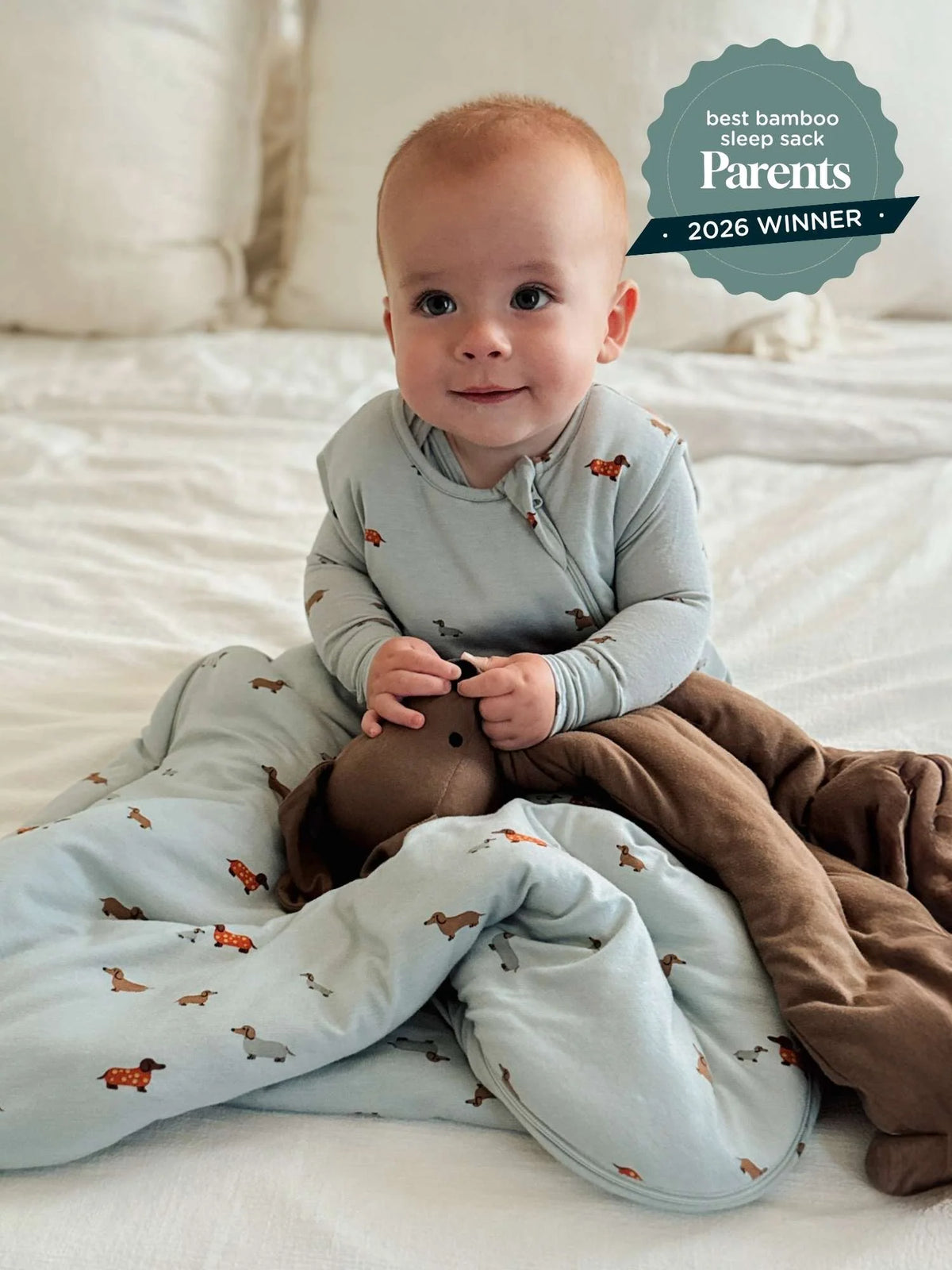 Light blue 1.0 TOG sleep sack with dachshund print and front zipper