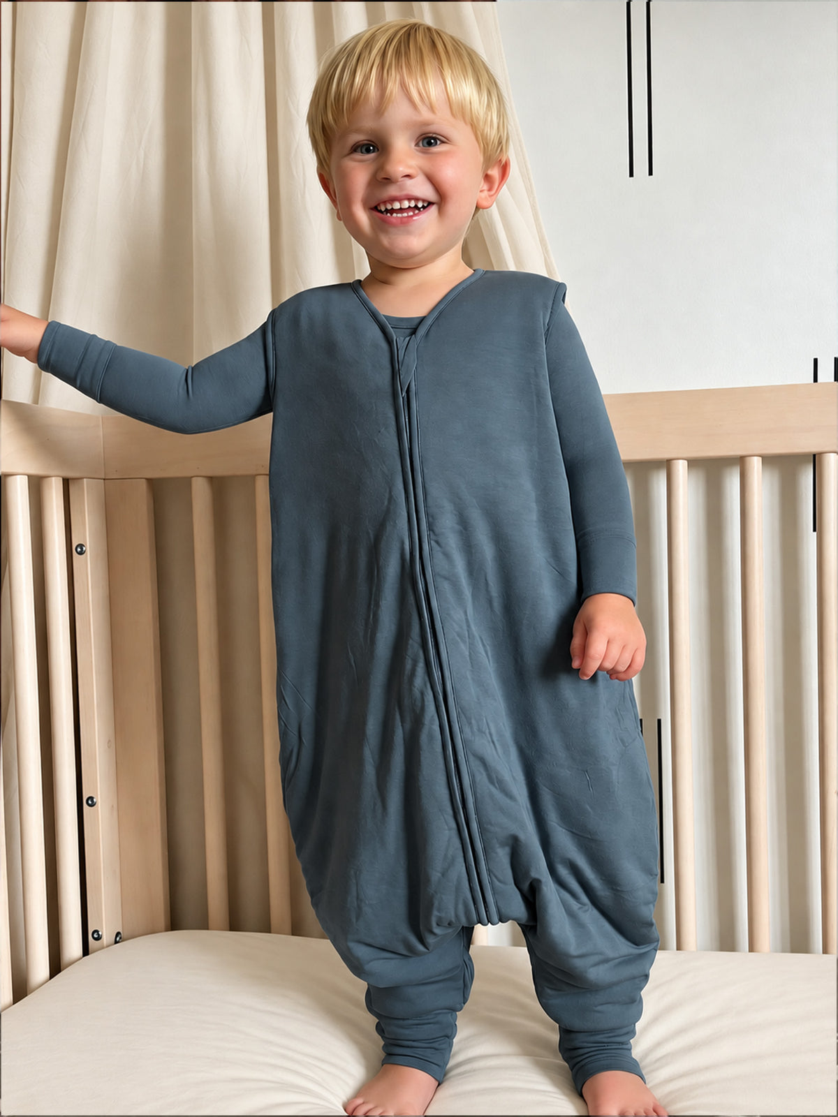 Hush 2.5 TOG footie sleep sack in blue-gray, front zipper and covered feet