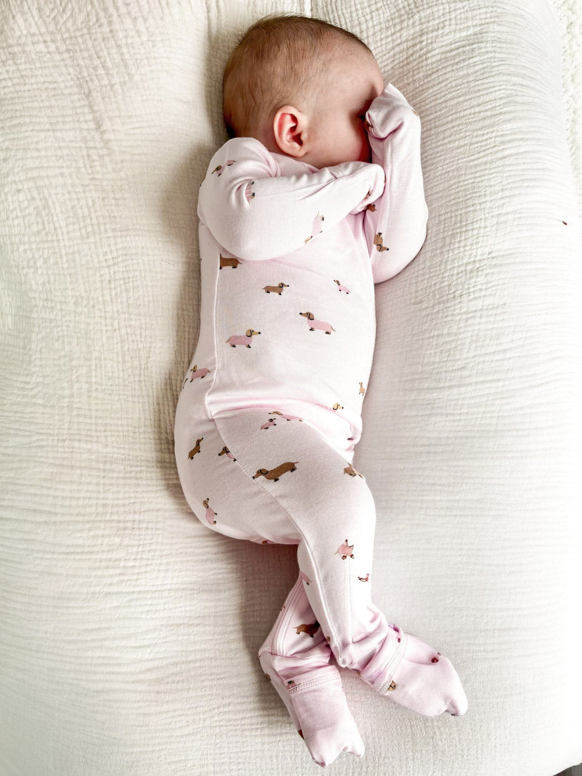 Long-sleeve footed pajama with allover dog print, light pink
