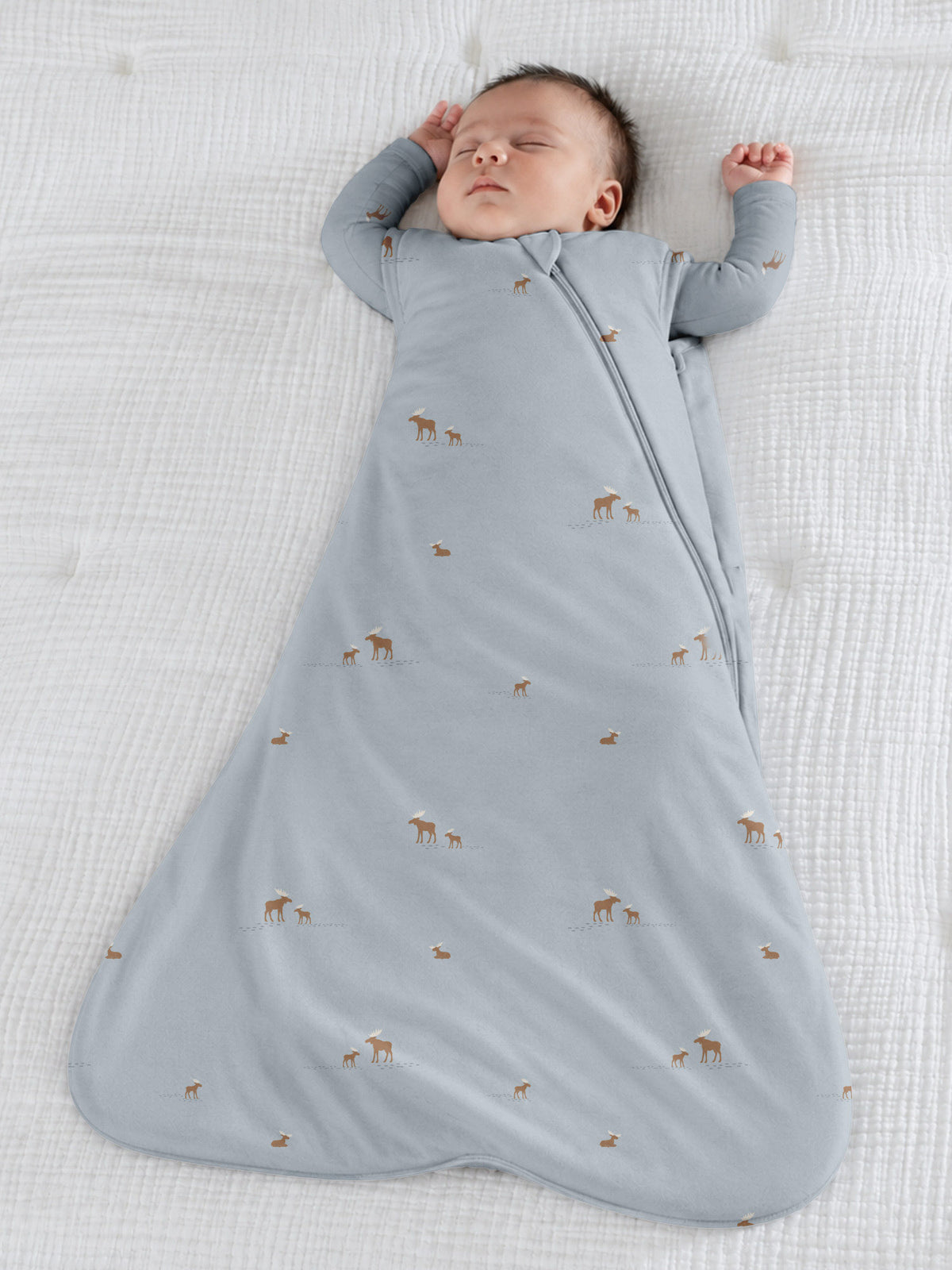 2.5 TOG swaddle sleep sack, light gray with moose print and front zipper
