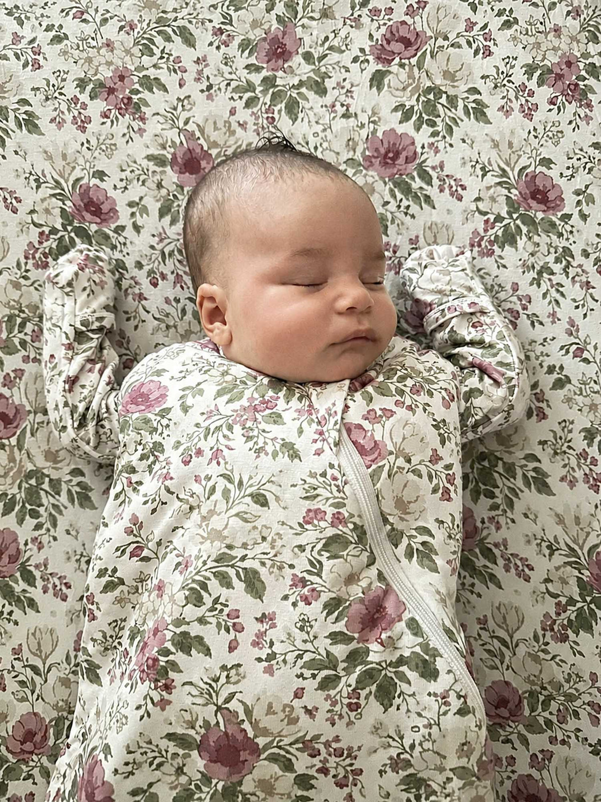Floral swaddle sleep sack with front zipper, long sleeves, sage and mauve pattern
