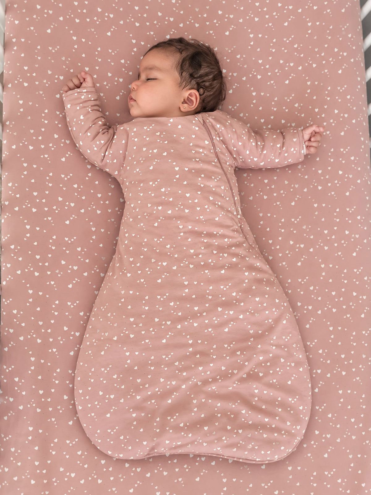 Heart-print long-sleeve transitional swaddle sack, beige with footed bottom
