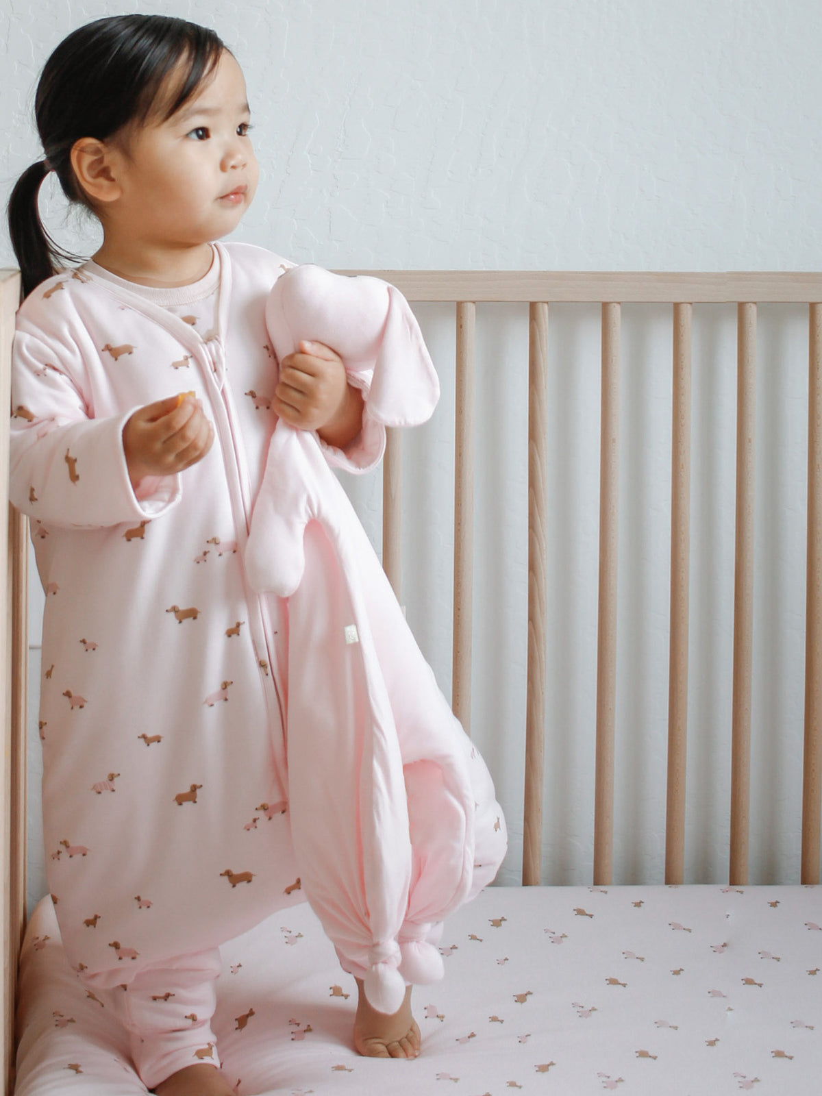 Pink dog-print long-sleeve footie sleep sack with front zip