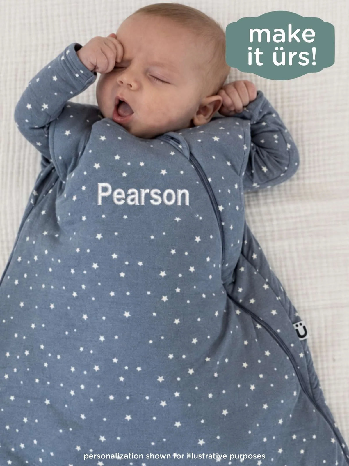 2.5 TOG sleep sack with blue star pattern and front zipper, long-sleeve style