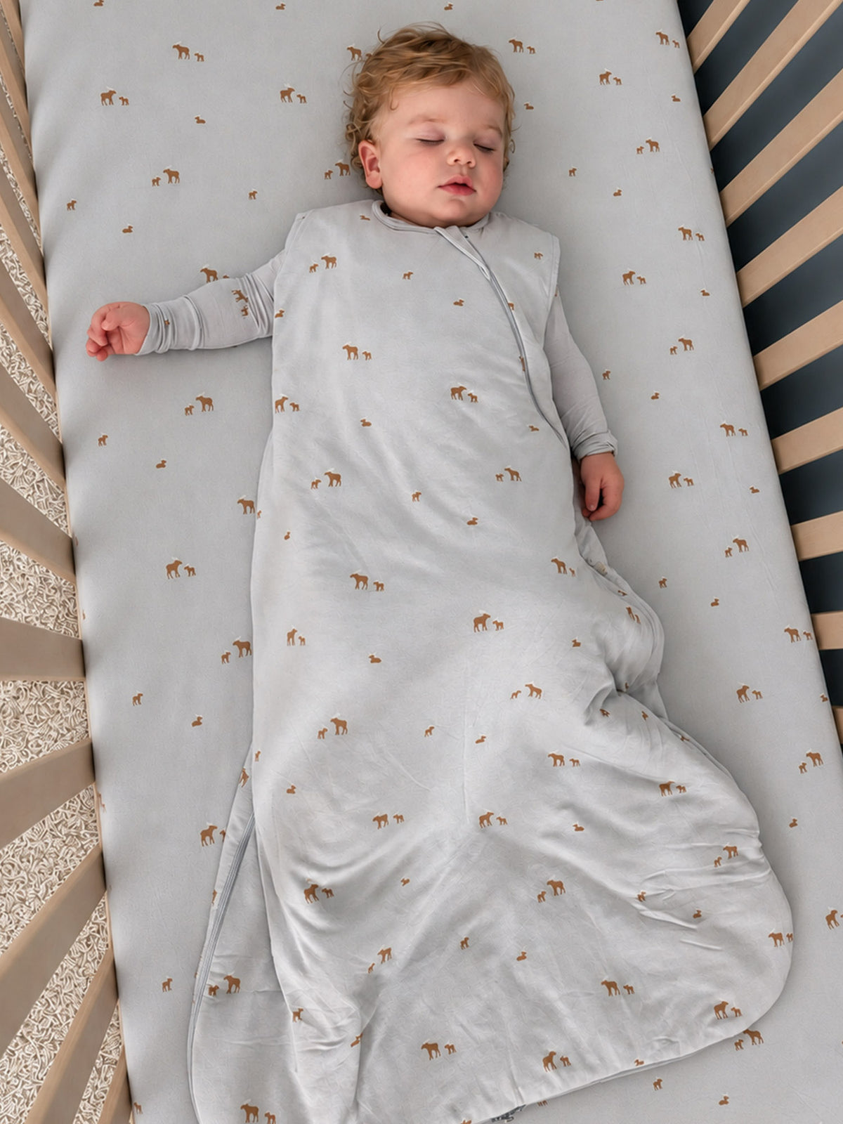 1.0 TOG sleep sack, light gray with moose pattern, front view with zipper