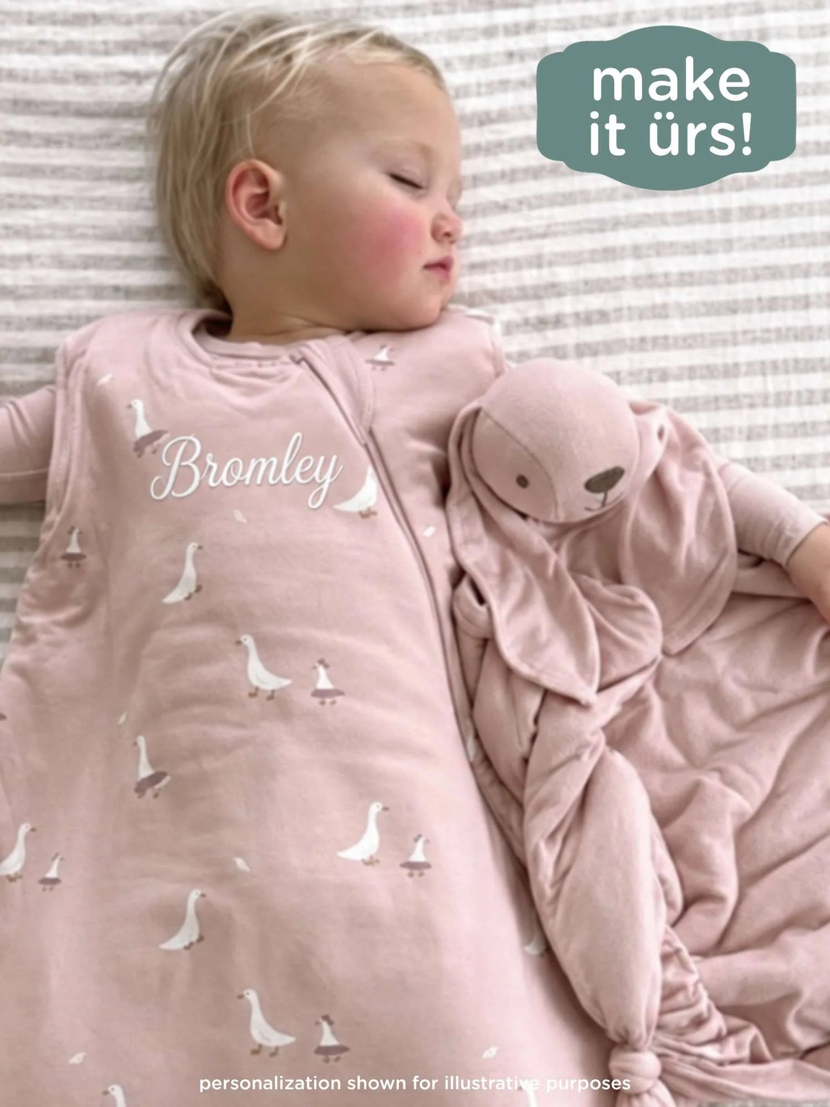 Pink 1.0 TOG sleep sack with white goose print and attached hood